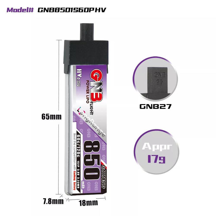 Batterie LiPo GNB27 1S 3,8 V HV 850 mAh 60 C avec tête en plastique