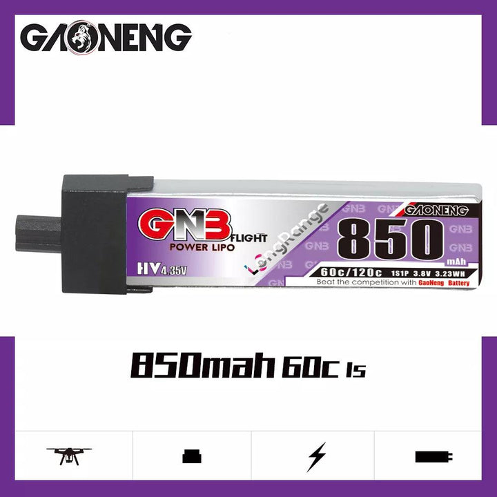 Batterie LiPo GNB27 1S 3,8 V HV 850 mAh 60 C avec tête en plastique