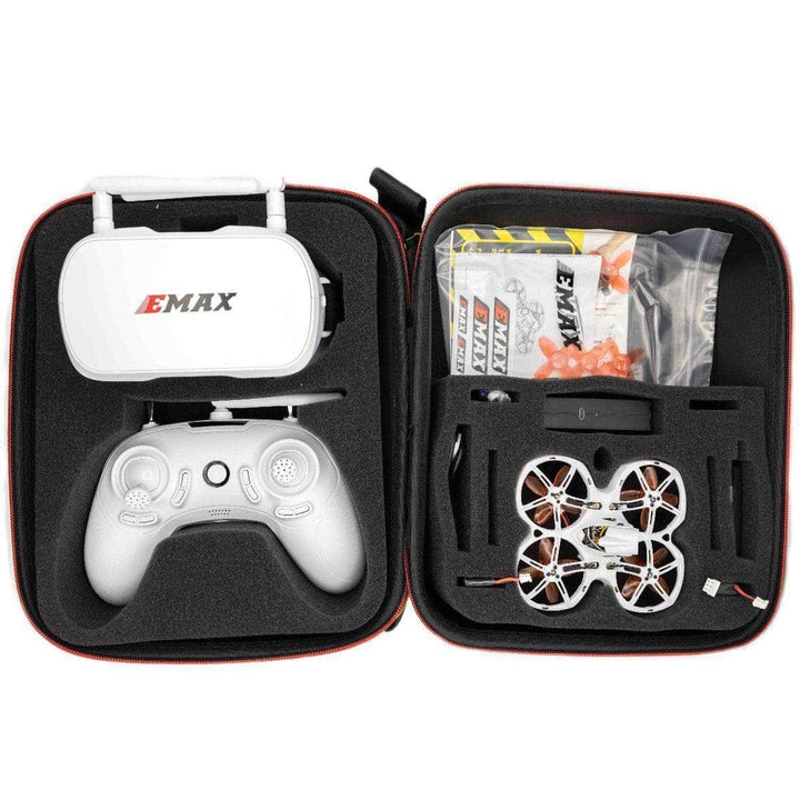 (PRE-ORDEN) Kit analógico EMAX RTF Tinyhawk II listo para volar con gafas, transmisor de radio, estuche y dron Whoop de 75 mm para carreras en interiores