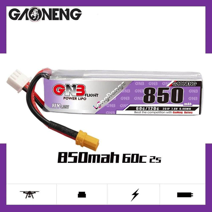 Gaoneng GNB 7.6V 2S 850mAh 60C LiHV Micro Battery (Long Type) - XT30 at WREKD Co.