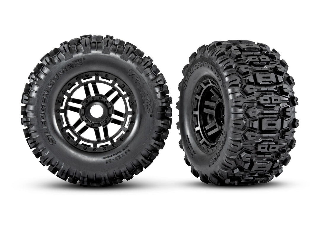 Traxxas 8973 Maxx Mounted Sledgehammer Tires & Black Wheels (2)
