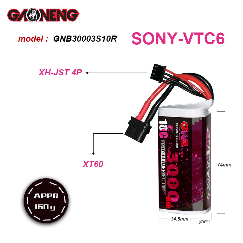 GNB 3000mah 11.1V 3S 10C Li-ion Battery Pack 18650 SONY VTC6 Long Range FPV