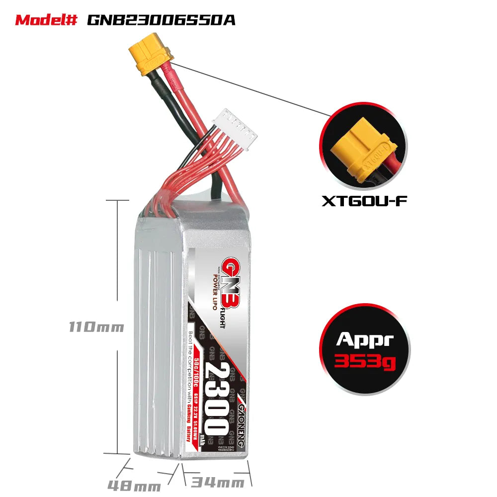 GNB 2300mah 6S 22.2V 50C 100C XT60 RC LiPo Battery