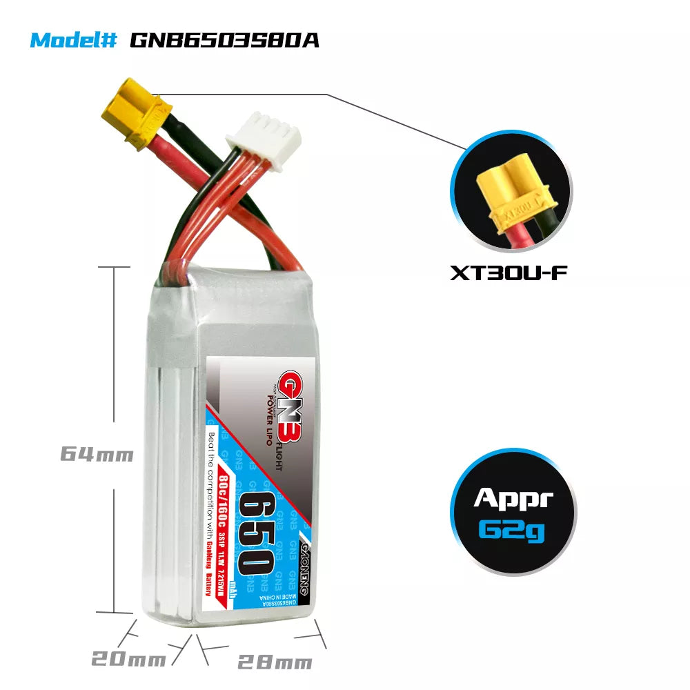 GNB 650mAh 11.1v 3S 80C - XT30 Lipo Battery