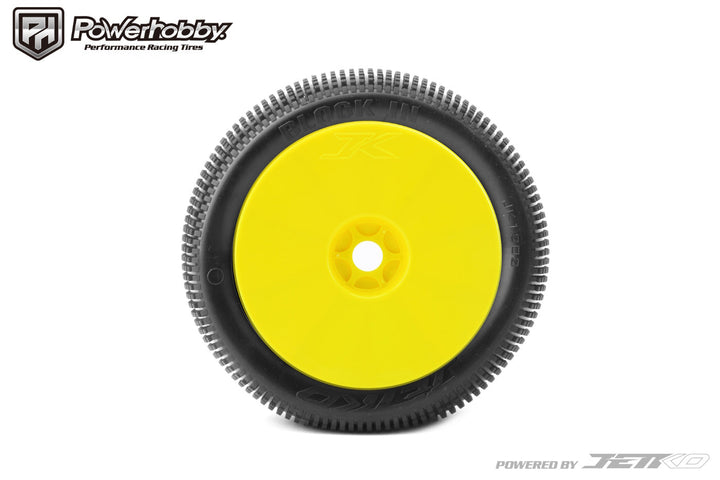 Powerhobby Block In 1/8 Truggy Mounted Tires Yellow Dish Wheels (2) Super Soft