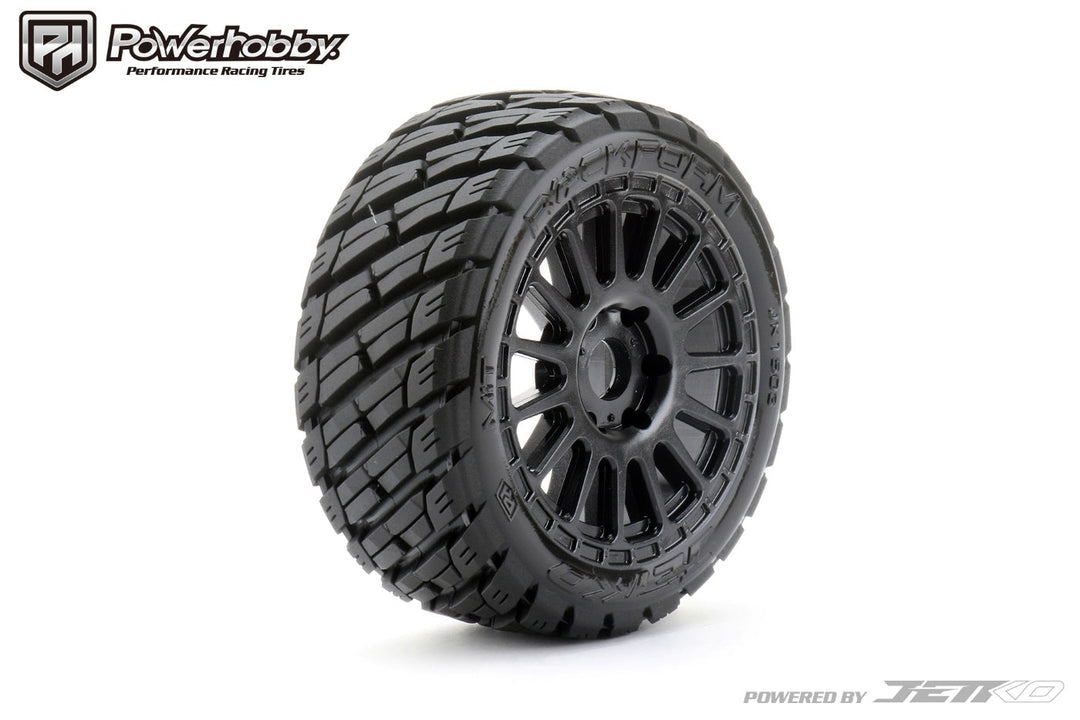 Powerhobby 1/8 Buggy Rockform Belted Tires Mounted on Black Radial Rims