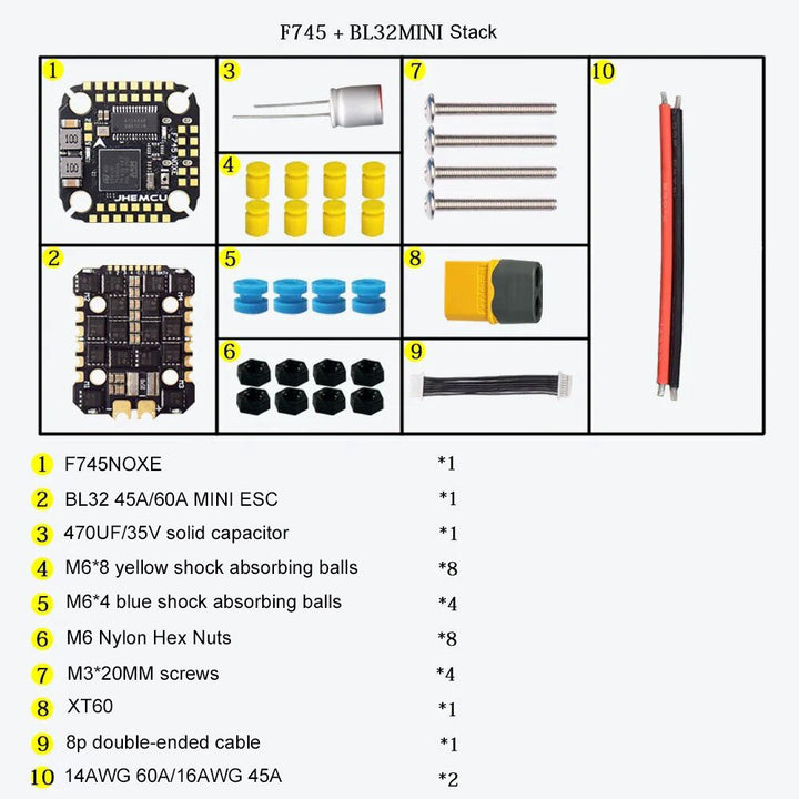 F745 NOXE AM32 60A Mini Stack 3-6S Flight Controller w/ 60A 4-in-1 ESC