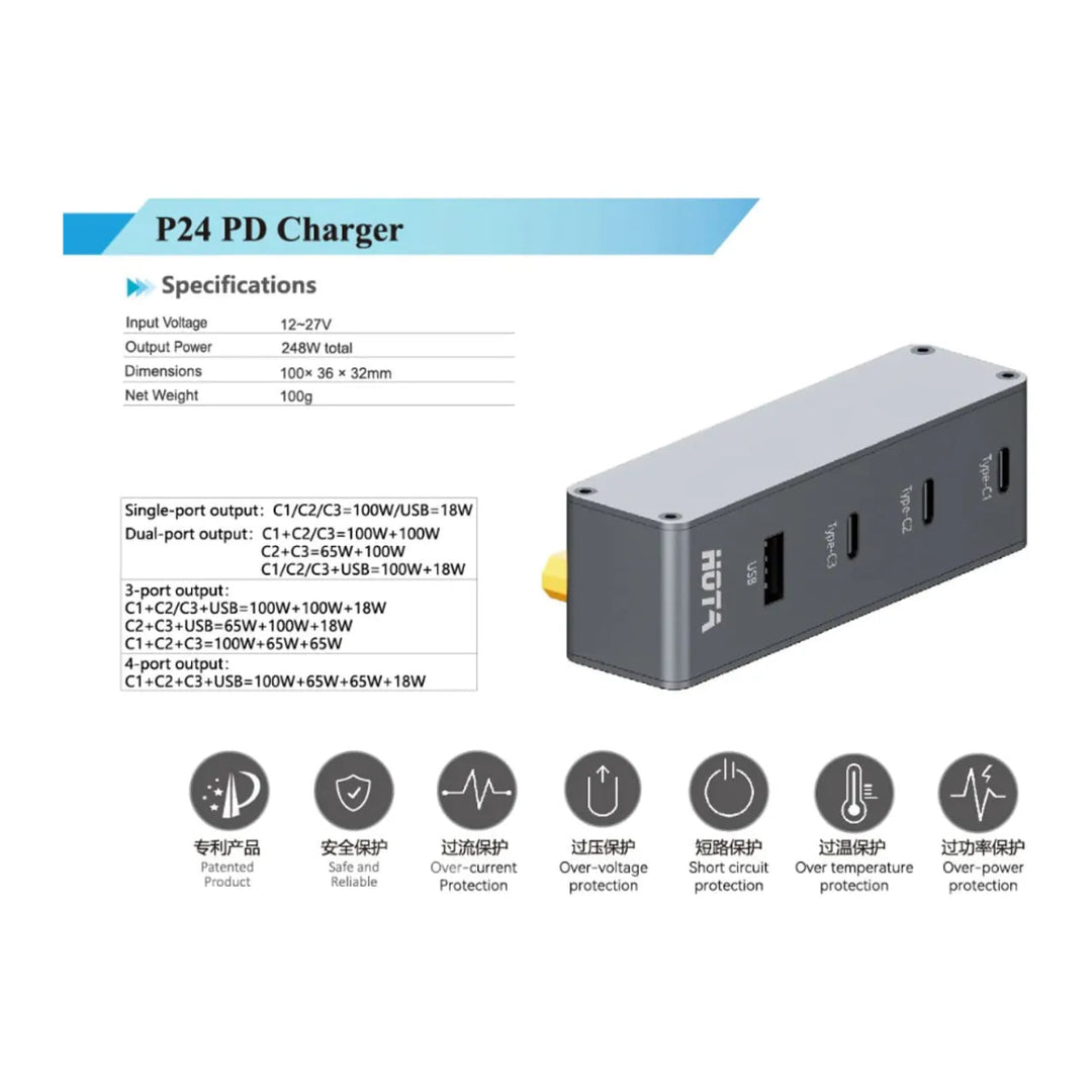 HOTA P24 PD 248W USB Type-C Charger w/ 3-6S XT60 Input- Grey at WREKD Co.
