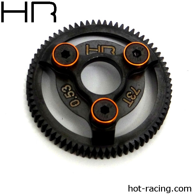 Hot Racing Steel 73 Tooth 48 Pitch Spur Gear with Orange Washers, for Traxxas Slash