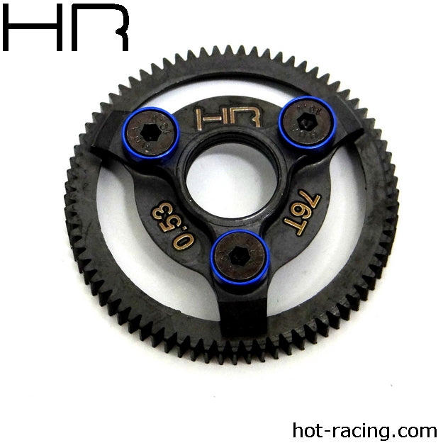 Hot Racing Steel 76 Tooth 48 Pitch Spur Gear with Blue Washers, for Traxxas Slash