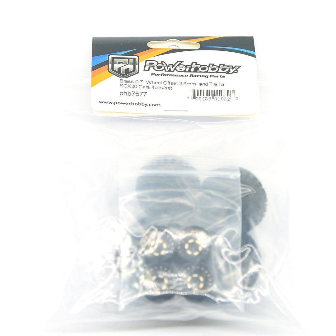Powerhobby Brass 0.7" Wheels 3.6mm Offset / Tires (4) Axial SCX30