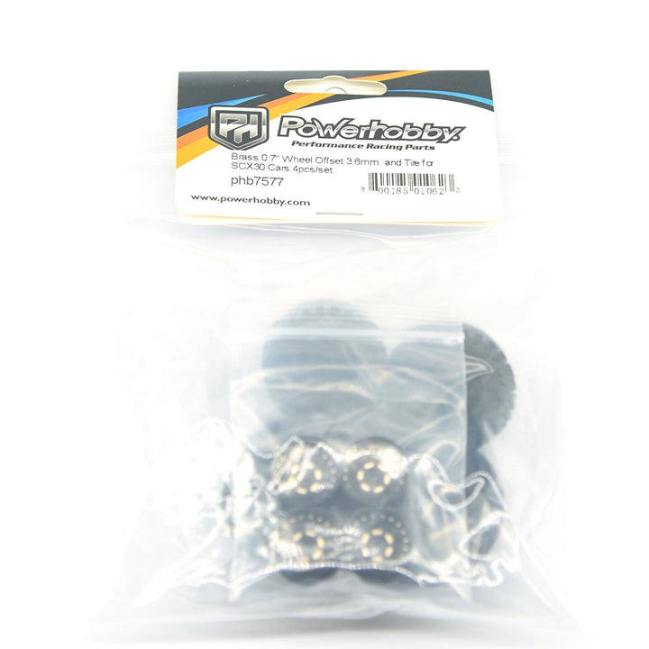 Powerhobby Brass 0.7" Wheels 3.6mm Offset / Tires (4) Axial SCX30