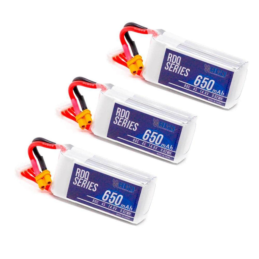 3 PACK of RDQ Series 14.8V 4S 650mAh 80C LiPo Micro Battery - XT30 at WREKD Co.