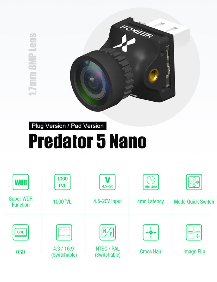 Foxeer Predator 5 Nano Racing Camera 4ms Latency w/ 1000TVL 1.7mm Lens - Choose Version / Color at WREKD Co.