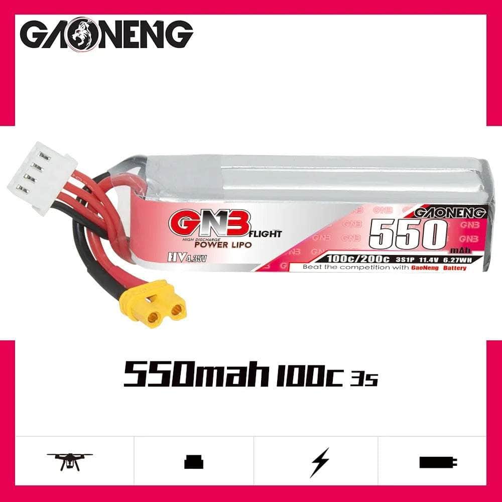 Gaoneng GNB 11.4V 3S 550mAh 100C LiHV Micro Battery (Long Type) - XT30 at WREKD Co.