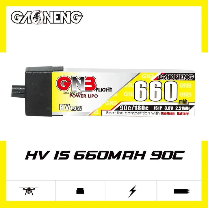 Gaoneng GNB 3.8V 1S 660mAh 90C LiHV Whoop/Micro Battery w/ Plastic Head - A30 at WREKD Co.