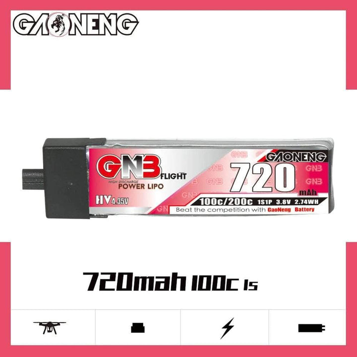Gaoneng GNB 3.8V 1S 720mAh 100C LiHV Whoop/Micro Battery w/ Plastic Head - A30 at WREKD Co.