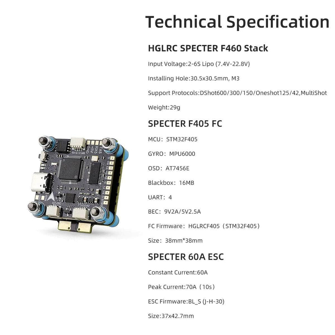 HGLRC SPECTER F460 HD 2-6S 30x30 Stack/Combo (F405 V2 FC / 8Bit 60A 4in1 ESC) - MPU6000 at WREKD Co.