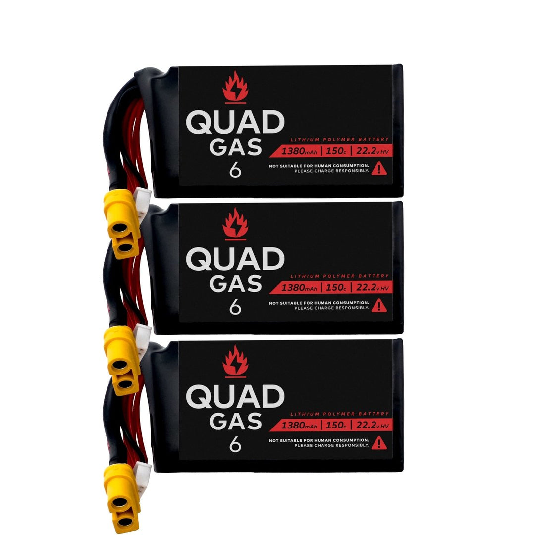 Quad Gas 6S 1380mAh 150c LiPo Battery (3 pack) - Choose Red or Black at WREKD Co.