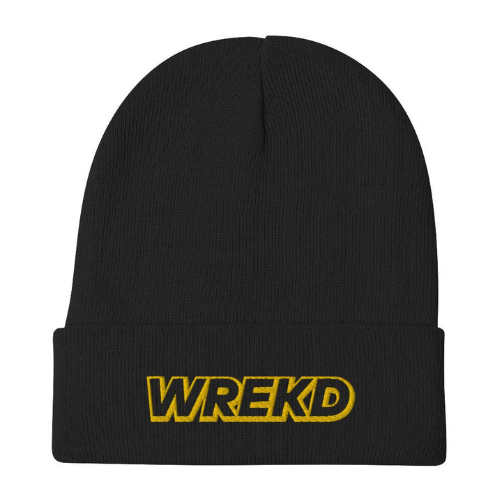WREKD Gold on Black Logo Knit Beanie at WREKD Co.